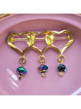 Vintage Triple Open Heart Bar Brooch Pin AB Dangle Beads Gold-Tone Love 2"